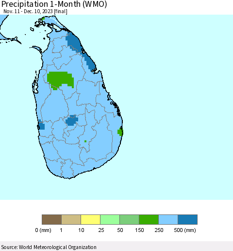 Sri Lanka Precipitation 1-Month (WMO) Thematic Map For 11/11/2023 - 12/10/2023