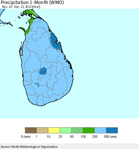 Sri Lanka Precipitation 1-Month (WMO) Thematic Map For 11/16/2023 - 12/15/2023