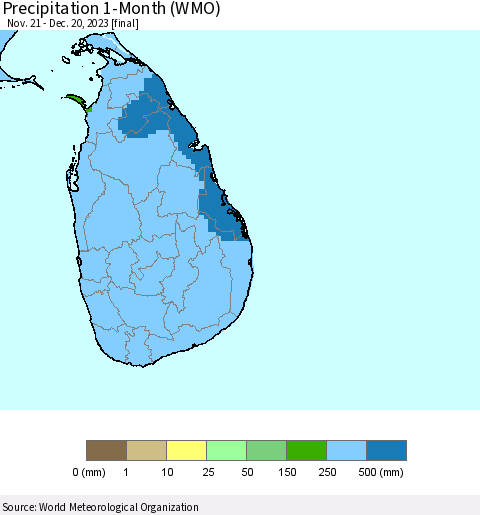 Sri Lanka Precipitation 1-Month (WMO) Thematic Map For 11/21/2023 - 12/20/2023