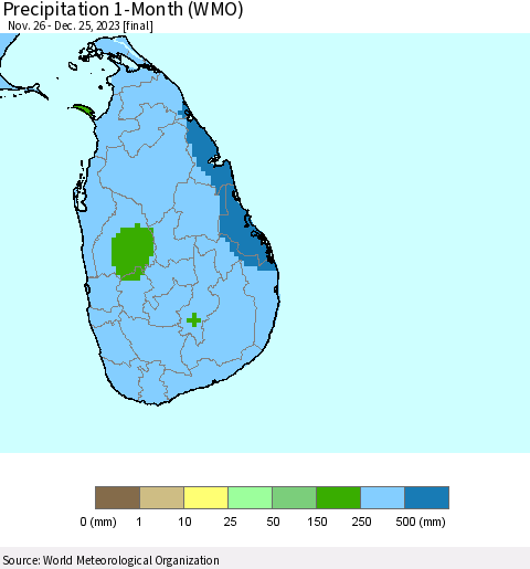 Sri Lanka Precipitation 1-Month (WMO) Thematic Map For 11/26/2023 - 12/25/2023