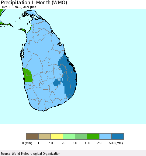 Sri Lanka Precipitation 1-Month (WMO) Thematic Map For 12/6/2023 - 1/5/2024