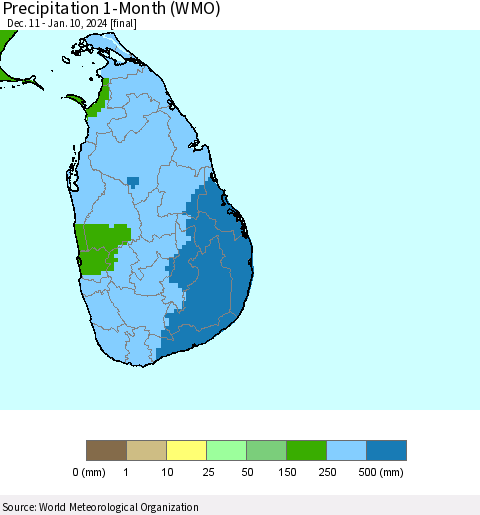 Sri Lanka Precipitation 1-Month (WMO) Thematic Map For 12/11/2023 - 1/10/2024