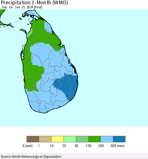 Sri Lanka Precipitation 1-Month (WMO) Thematic Map For 12/16/2023 - 1/15/2024
