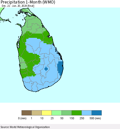 Sri Lanka Precipitation 1-Month (WMO) Thematic Map For 12/21/2023 - 1/20/2024