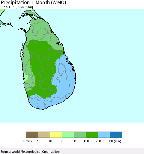 Sri Lanka Precipitation 1-Month (WMO) Thematic Map For 1/1/2024 - 1/31/2024