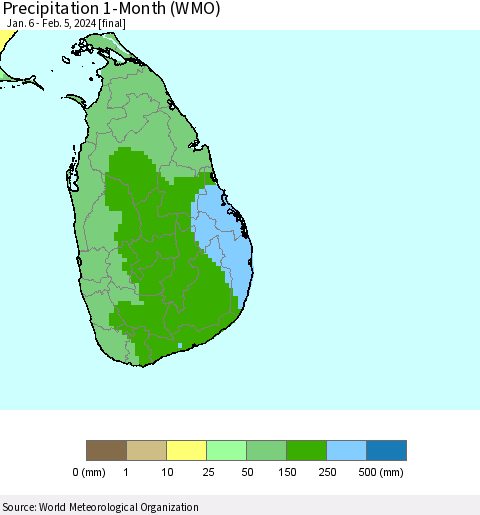 Sri Lanka Precipitation 1-Month (WMO) Thematic Map For 1/6/2024 - 2/5/2024
