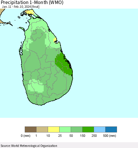Sri Lanka Precipitation 1-Month (WMO) Thematic Map For 1/11/2024 - 2/10/2024