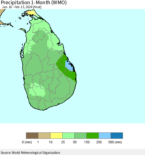 Sri Lanka Precipitation 1-Month (WMO) Thematic Map For 1/16/2024 - 2/15/2024