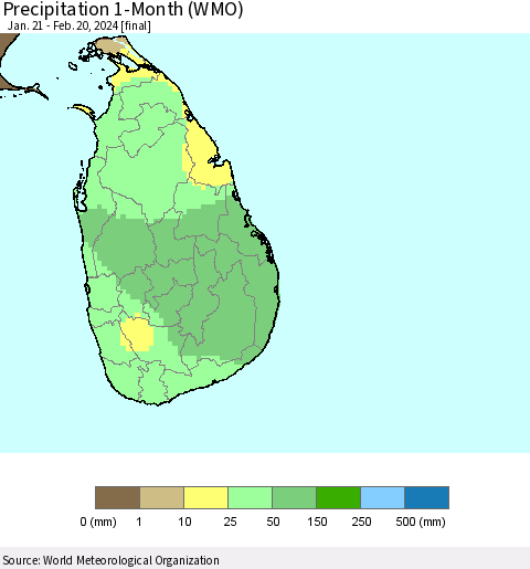 Sri Lanka Precipitation 1-Month (WMO) Thematic Map For 1/21/2024 - 2/20/2024