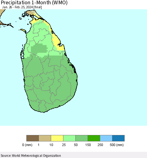 Sri Lanka Precipitation 1-Month (WMO) Thematic Map For 1/26/2024 - 2/25/2024