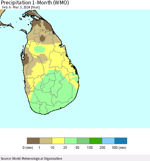 Sri Lanka Precipitation 1-Month (WMO) Thematic Map For 2/6/2024 - 3/5/2024