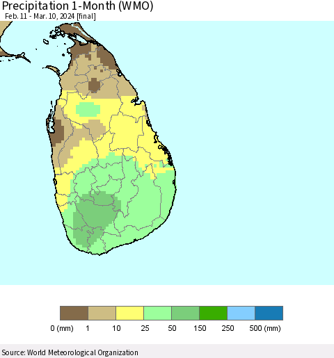 Sri Lanka Precipitation 1-Month (WMO) Thematic Map For 2/11/2024 - 3/10/2024