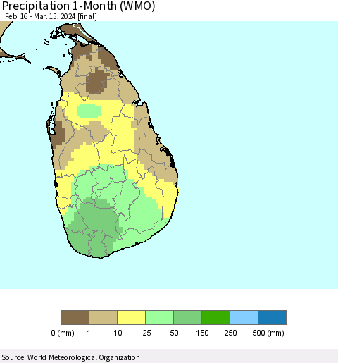 Sri Lanka Precipitation 1-Month (WMO) Thematic Map For 2/16/2024 - 3/15/2024