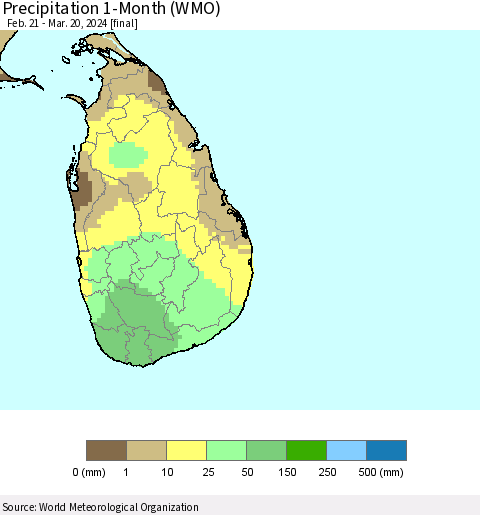 Sri Lanka Precipitation 1-Month (WMO) Thematic Map For 2/21/2024 - 3/20/2024