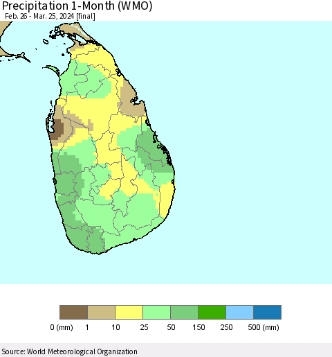 Sri Lanka Precipitation 1-Month (WMO) Thematic Map For 2/26/2024 - 3/25/2024