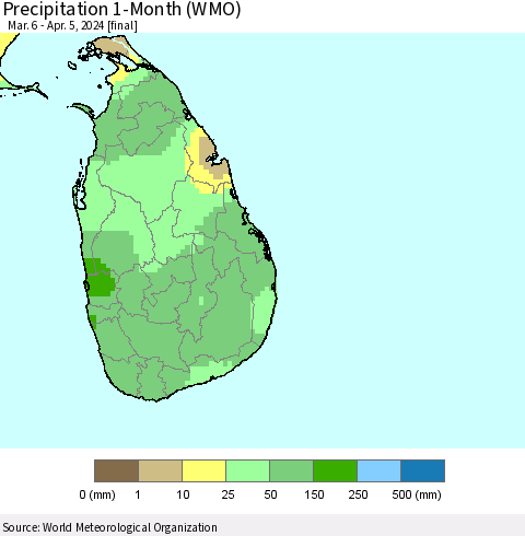 Sri Lanka Precipitation 1-Month (WMO) Thematic Map For 3/6/2024 - 4/5/2024