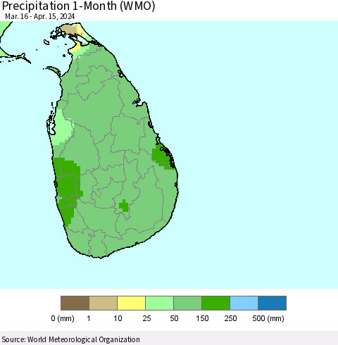 Sri Lanka Precipitation 1-Month (WMO) Thematic Map For 3/16/2024 - 4/15/2024