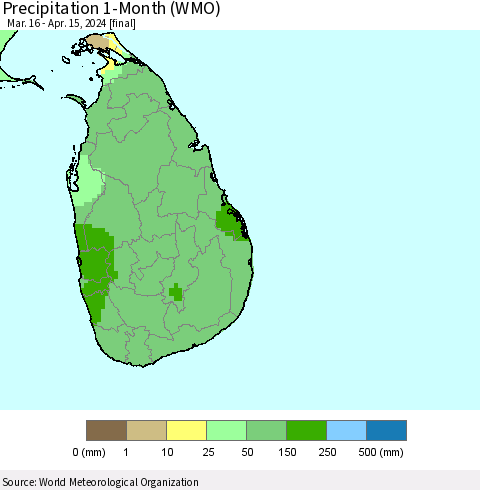 Sri Lanka Precipitation 1-Month (WMO) Thematic Map For 3/16/2024 - 4/15/2024