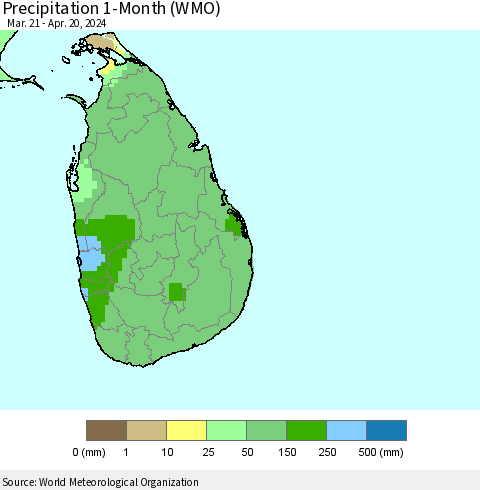 Sri Lanka Precipitation 1-Month (WMO) Thematic Map For 3/21/2024 - 4/20/2024