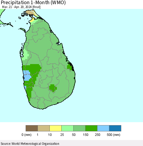 Sri Lanka Precipitation 1-Month (WMO) Thematic Map For 3/21/2024 - 4/20/2024