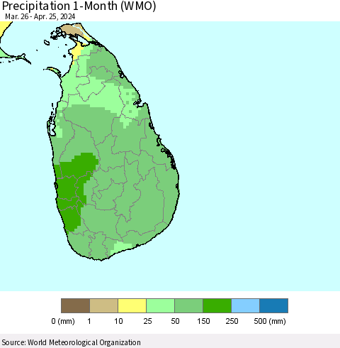Sri Lanka Precipitation 1-Month (WMO) Thematic Map For 3/26/2024 - 4/25/2024