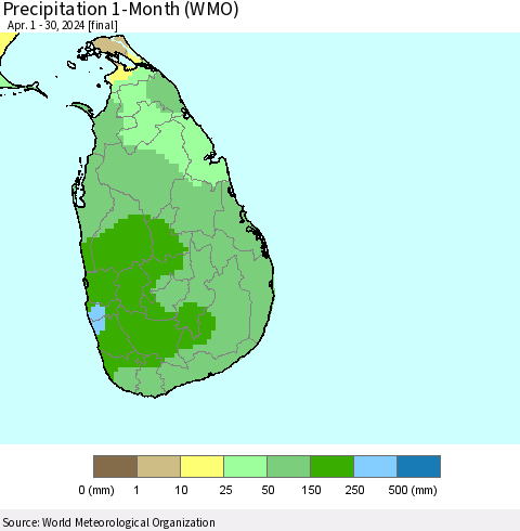 Sri Lanka Precipitation 1-Month (WMO) Thematic Map For 4/1/2024 - 4/30/2024