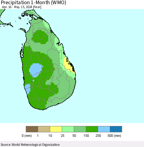 Sri Lanka Precipitation 1-Month (WMO) Thematic Map For 4/16/2024 - 5/15/2024