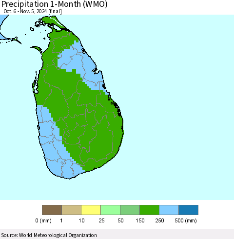 Sri Lanka Precipitation 1-Month (WMO) Thematic Map For 10/6/2024 - 11/5/2024
