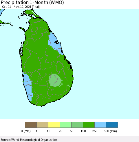 Sri Lanka Precipitation 1-Month (WMO) Thematic Map For 10/11/2024 - 11/10/2024