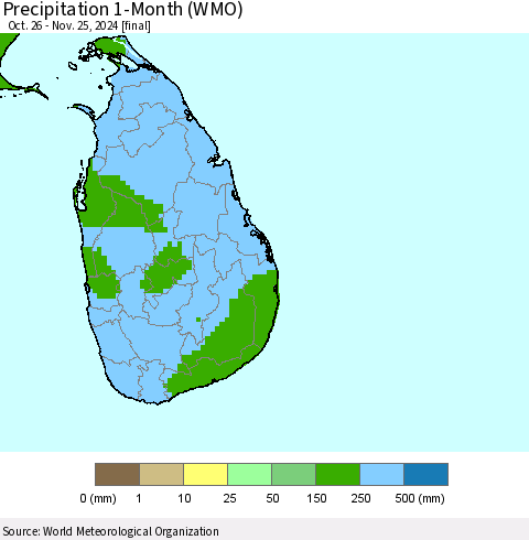 Sri Lanka Precipitation 1-Month (WMO) Thematic Map For 10/26/2024 - 11/25/2024