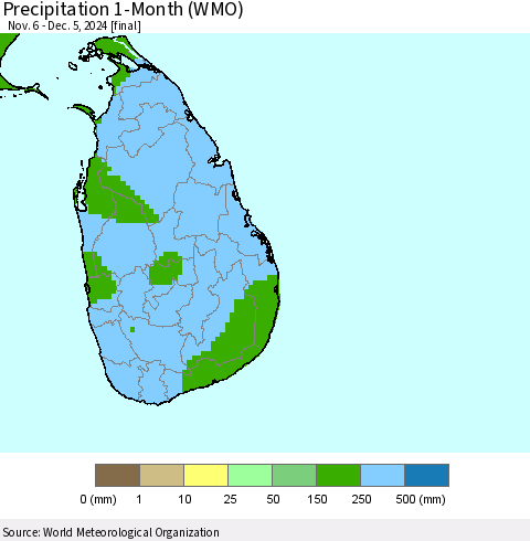 Sri Lanka Precipitation 1-Month (WMO) Thematic Map For 11/6/2024 - 12/5/2024