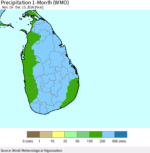 Sri Lanka Precipitation 1-Month (WMO) Thematic Map For 11/16/2024 - 12/15/2024
