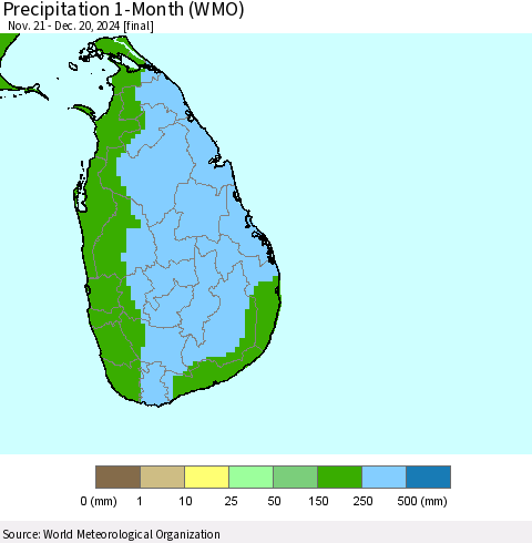 Sri Lanka Precipitation 1-Month (WMO) Thematic Map For 11/21/2024 - 12/20/2024