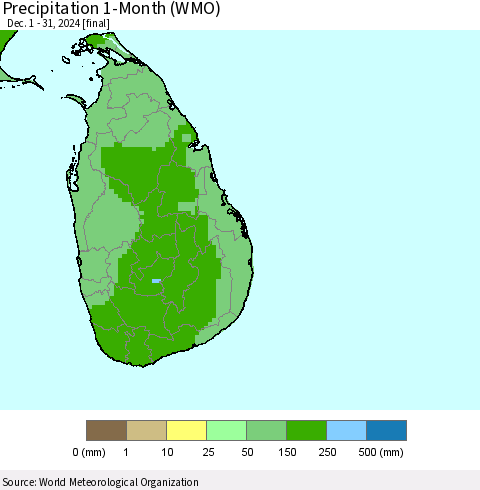 Sri Lanka Precipitation 1-Month (WMO) Thematic Map For 12/1/2024 - 12/31/2024