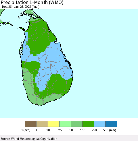 Sri Lanka Precipitation 1-Month (WMO) Thematic Map For 12/26/2024 - 1/25/2025