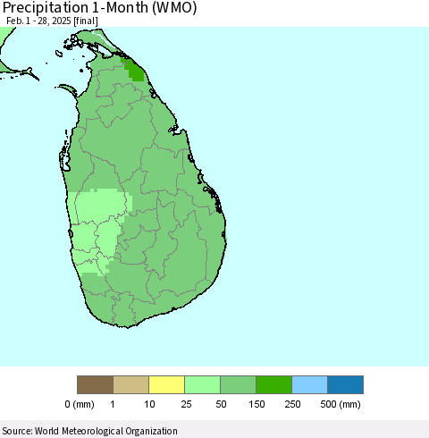 Sri Lanka Precipitation 1-Month (WMO) Thematic Map For 2/1/2025 - 2/28/2025