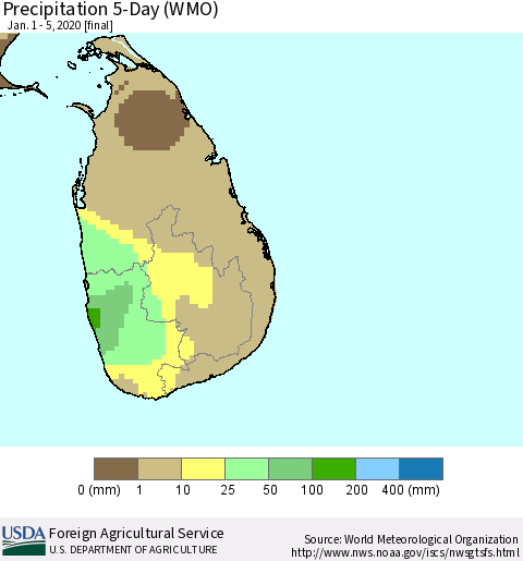 Sri Lanka Precipitation 5-Day (WMO) Thematic Map For 1/1/2020 - 1/5/2020