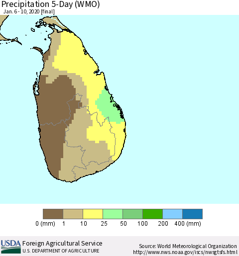 Sri Lanka Precipitation 5-Day (WMO) Thematic Map For 1/6/2020 - 1/10/2020