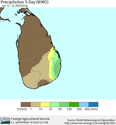 Sri Lanka Precipitation 5-Day (WMO) Thematic Map For 1/11/2020 - 1/15/2020