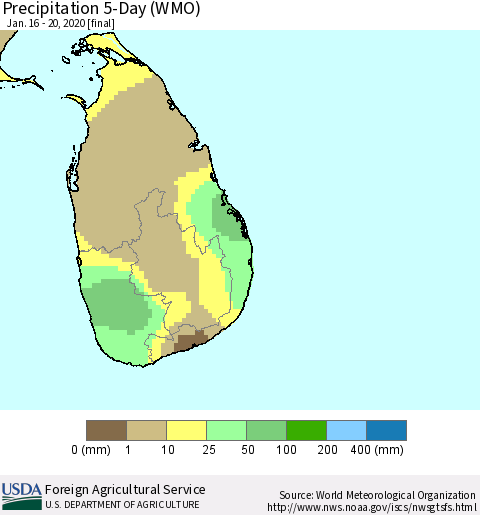 Sri Lanka Precipitation 5-Day (WMO) Thematic Map For 1/16/2020 - 1/20/2020
