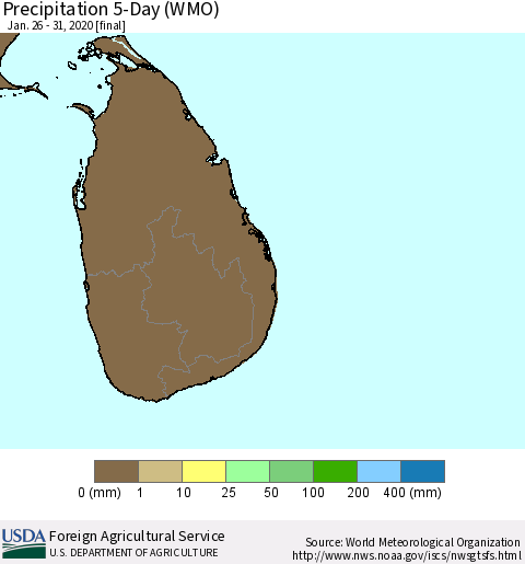 Sri Lanka Precipitation 5-Day (WMO) Thematic Map For 1/26/2020 - 1/31/2020