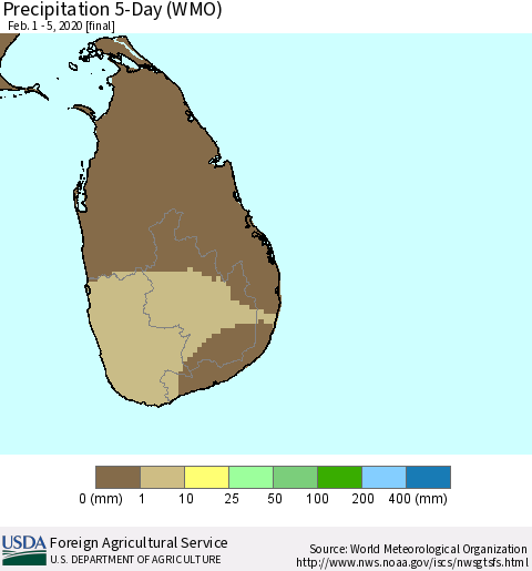 Sri Lanka Precipitation 5-Day (WMO) Thematic Map For 2/1/2020 - 2/5/2020