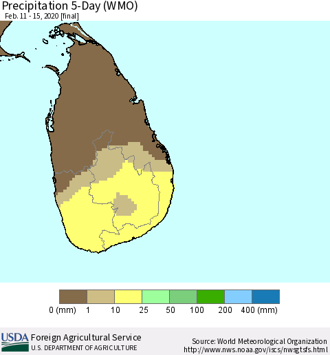 Sri Lanka Precipitation 5-Day (WMO) Thematic Map For 2/11/2020 - 2/15/2020