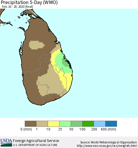 Sri Lanka Precipitation 5-Day (WMO) Thematic Map For 2/16/2020 - 2/20/2020