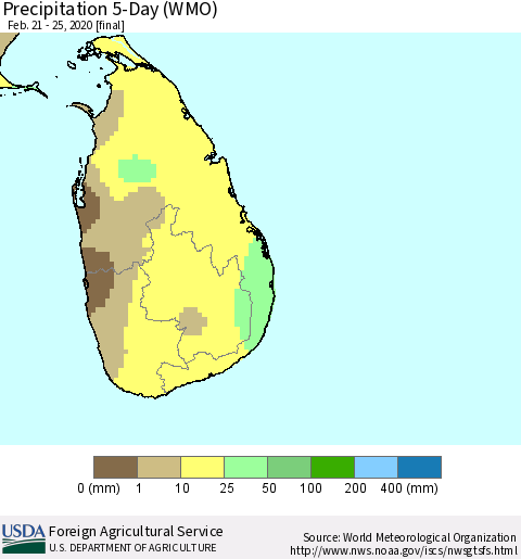 Sri Lanka Precipitation 5-Day (WMO) Thematic Map For 2/21/2020 - 2/25/2020