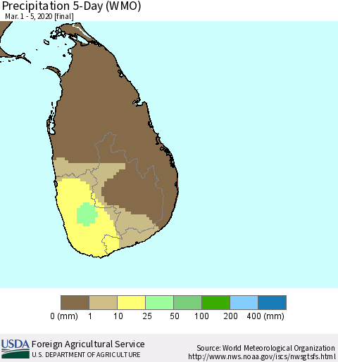 Sri Lanka Precipitation 5-Day (WMO) Thematic Map For 3/1/2020 - 3/5/2020