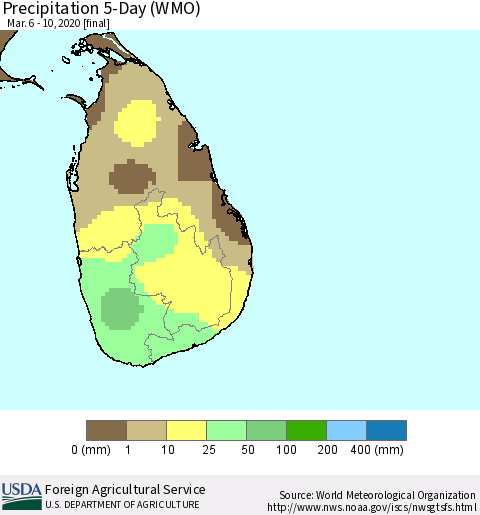 Sri Lanka Precipitation 5-Day (WMO) Thematic Map For 3/6/2020 - 3/10/2020