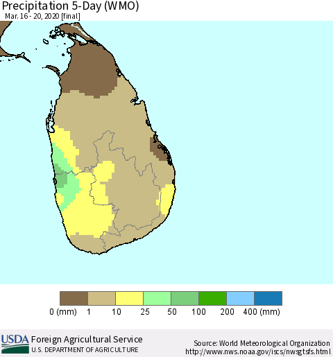Sri Lanka Precipitation 5-Day (WMO) Thematic Map For 3/16/2020 - 3/20/2020