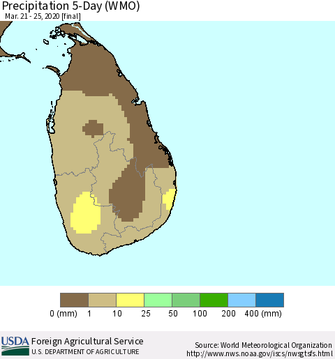 Sri Lanka Precipitation 5-Day (WMO) Thematic Map For 3/21/2020 - 3/25/2020