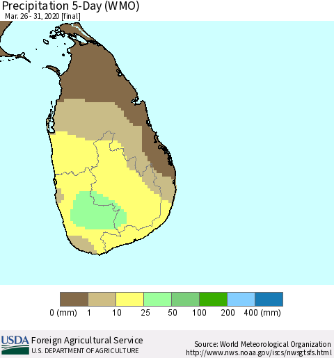 Sri Lanka Precipitation 5-Day (WMO) Thematic Map For 3/26/2020 - 3/31/2020